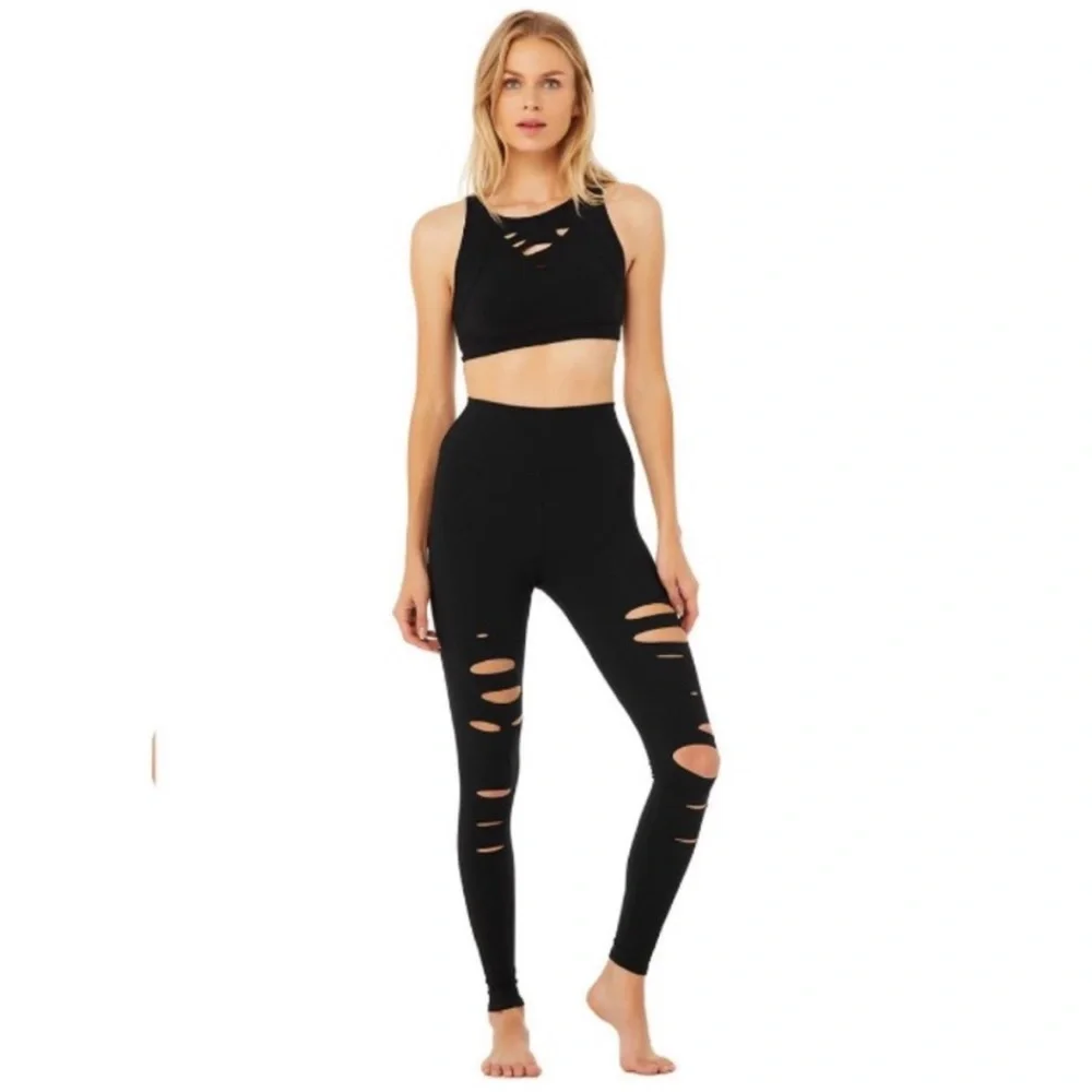 ALO YOGA WARRIOR HIGH RISE WAIST EDGY GOTH BLACK RIPPED SLASHES LEGGINGS S